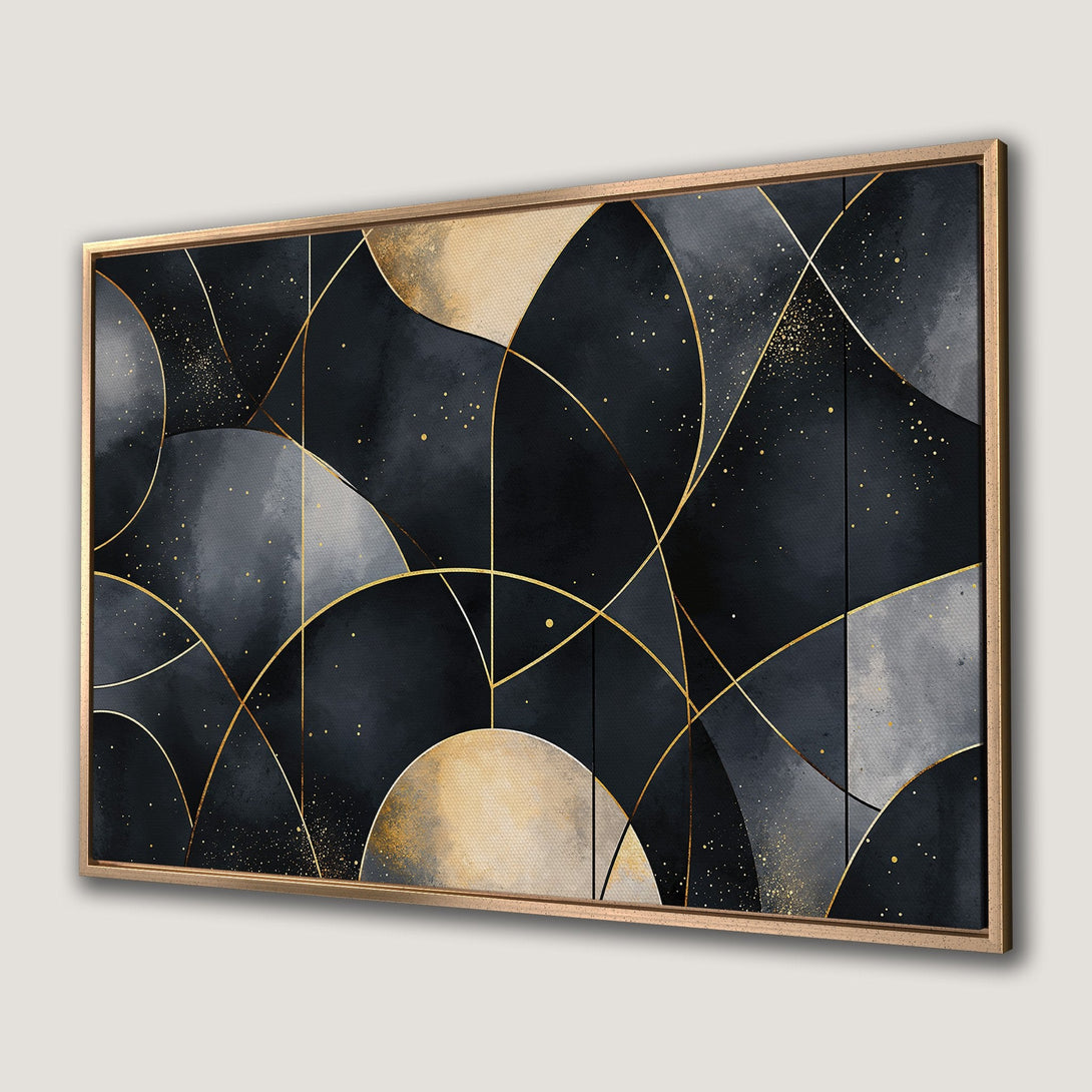 Framed Wall Art featuring an abstract geometric design in a moody black, gold, and gray color palette. Perfect for modern decor.