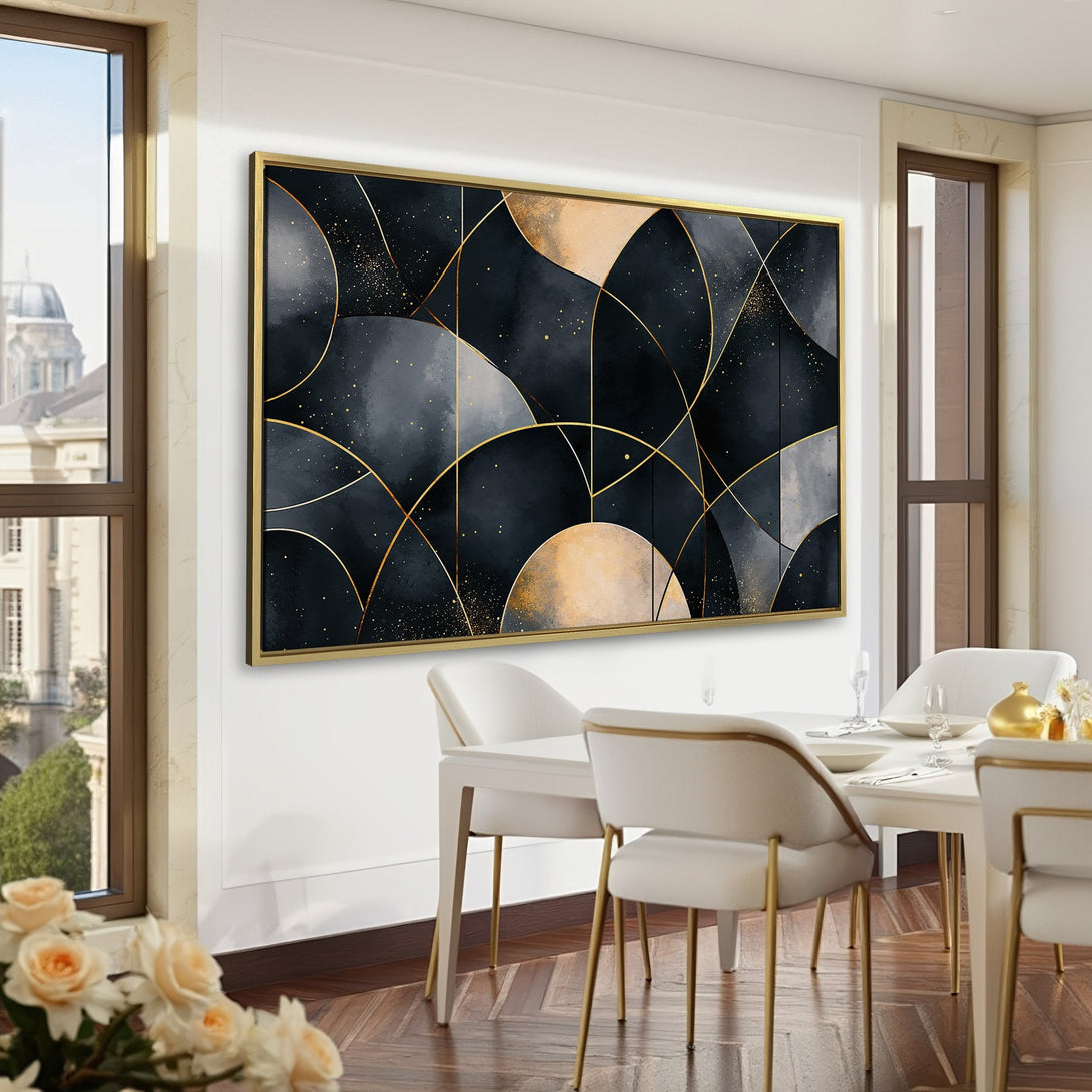 Canvas Print in a modern abstract style with gold accents on a dark, moody background. Perfect for adding elegance to any room.
