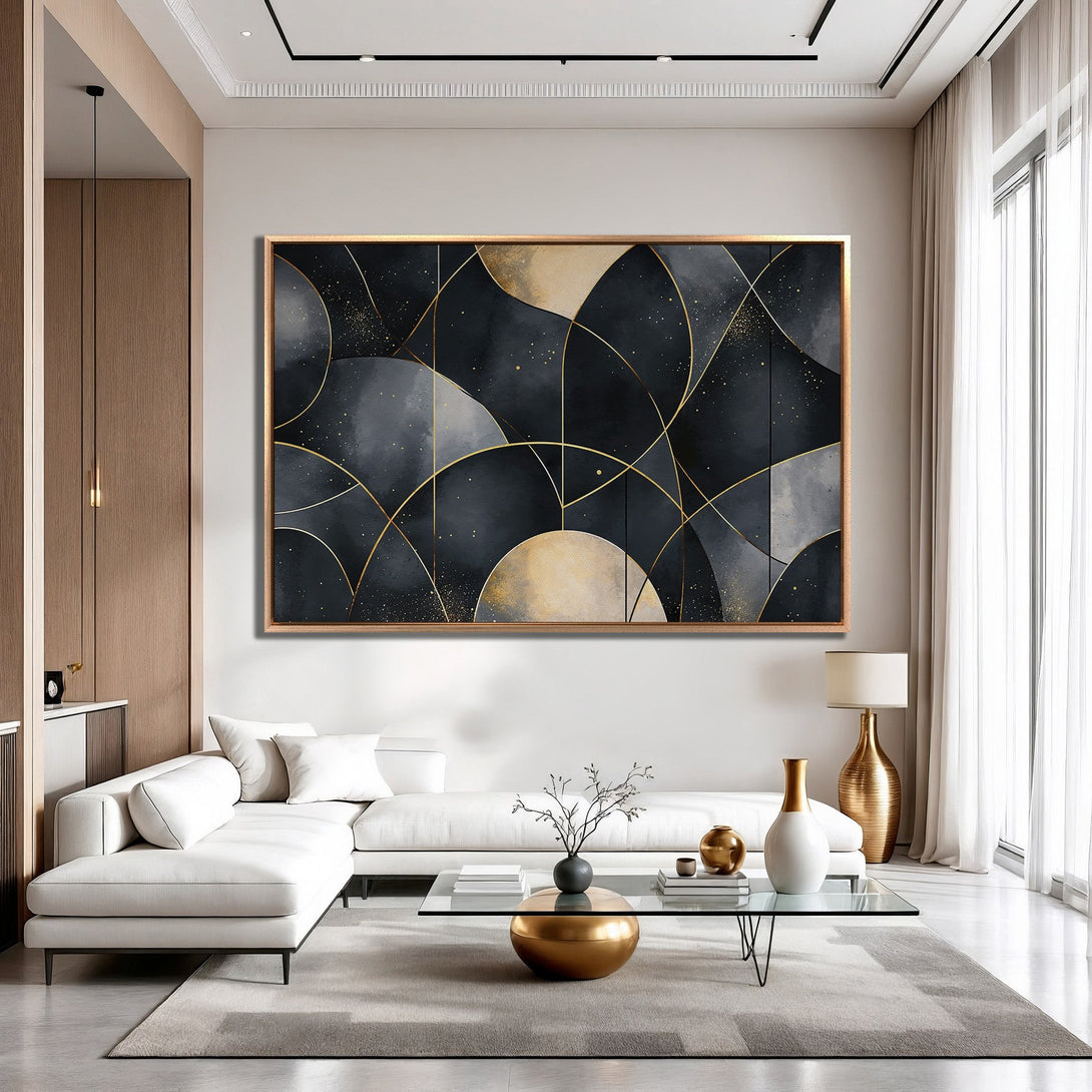 Framed Wall Art: Abstract geometric design in black, gold, and gray. Modern canvas print adds a touch of luxury to any living space.