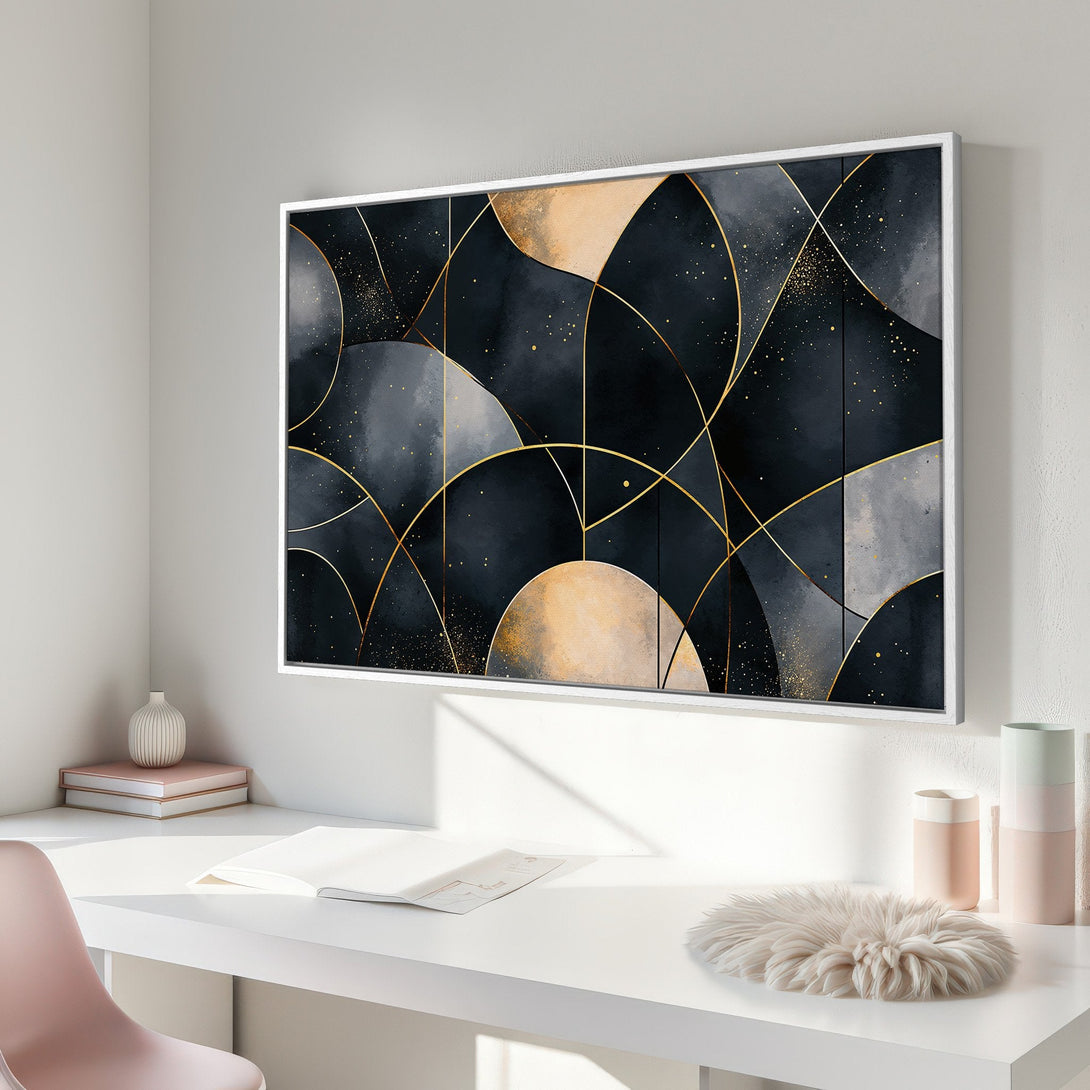 Framed Wall Art: Abstract geometric design in navy, gold, and beige. Modern canvas print adds a touch of elegance to any space.
