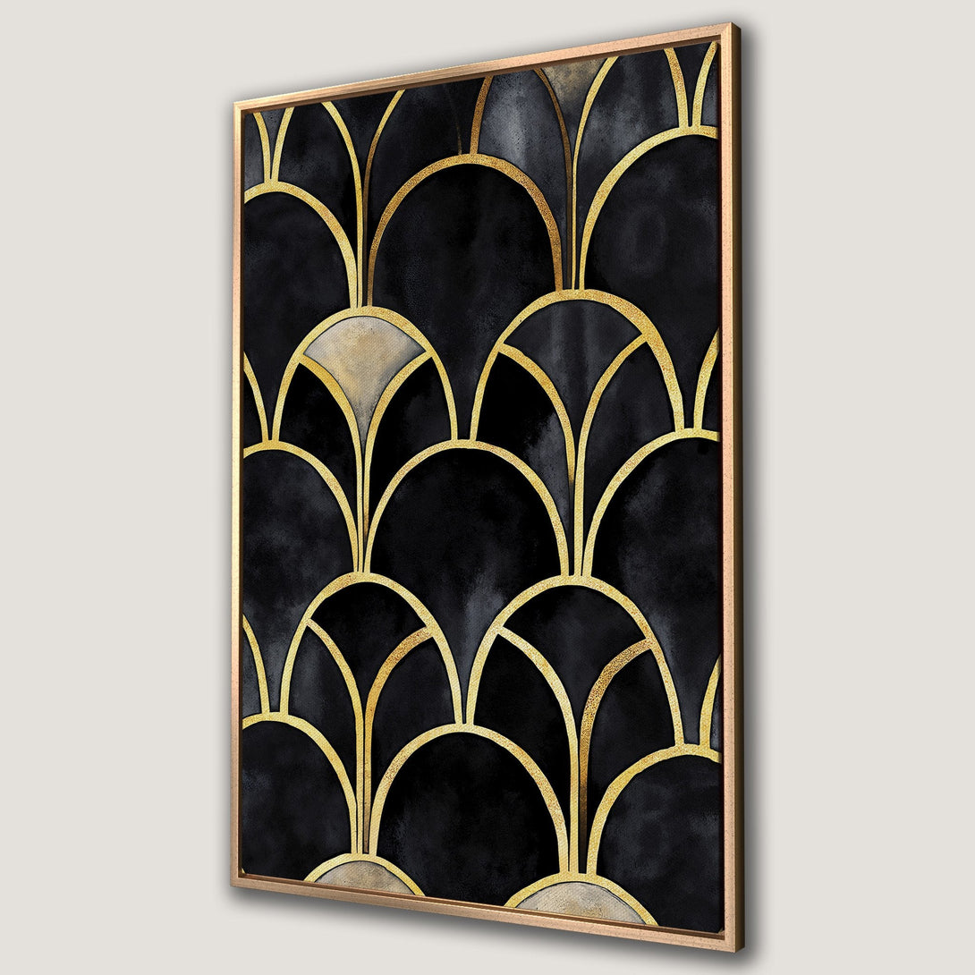Framed Wall Art: Art Deco style canvas print with black and gold geometric pattern. Perfect for modern home decor.