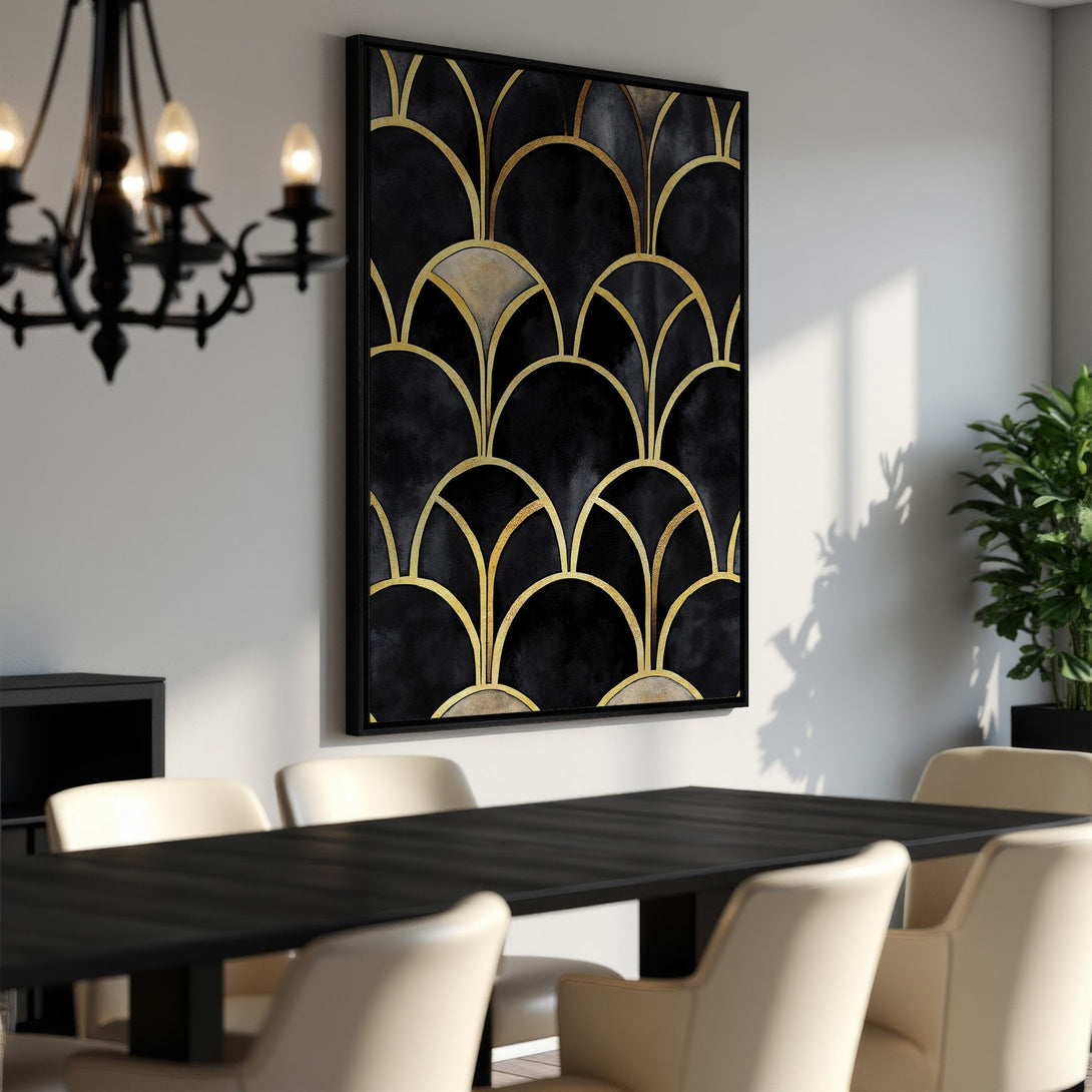 Framed Wall Art: Abstract geometric design in black and gold, perfect for modern interiors. Elevate your space with this stylish canvas print!