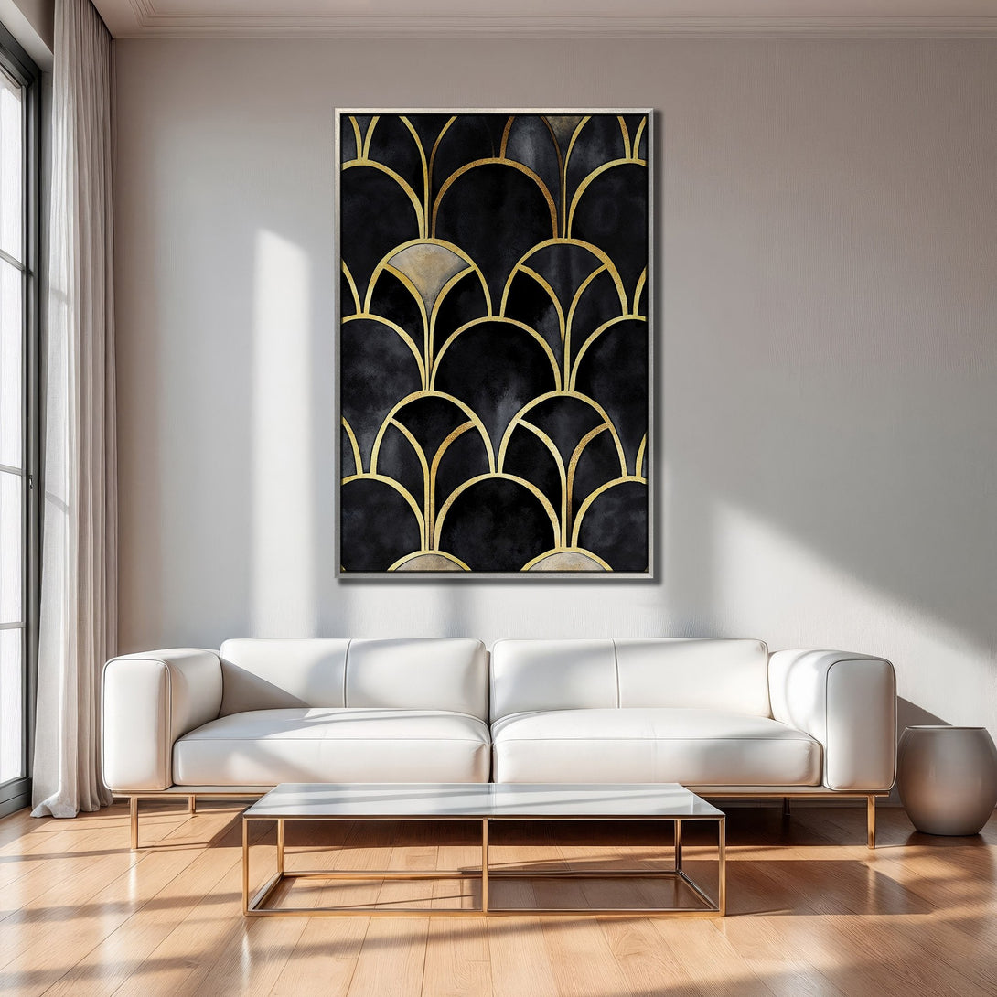 Framed Wall Art featuring a black and gold Art Deco design. Adds a touch of luxury to any space. Perfect for modern interiors.
