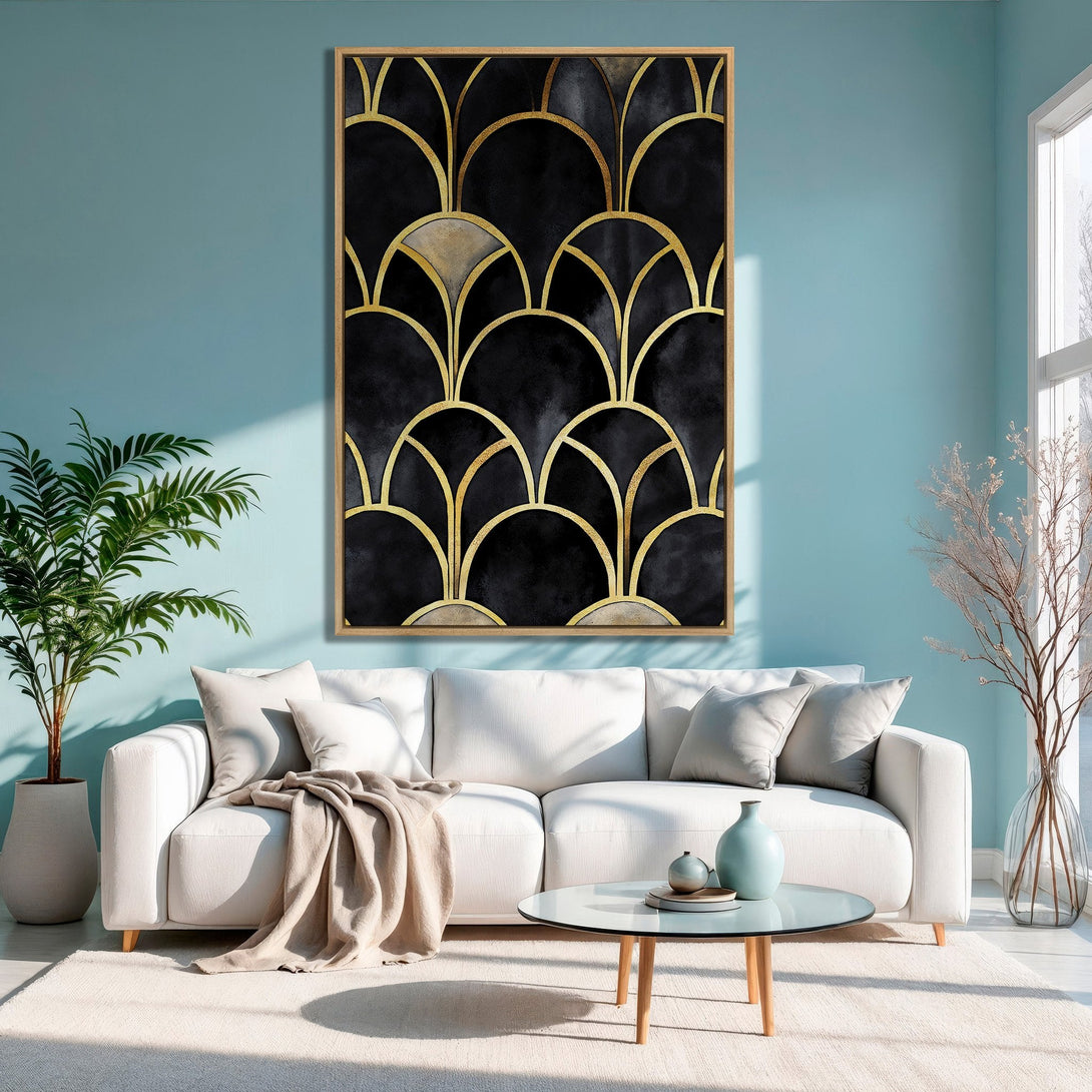 Framed Wall Art: Geometric black and gold design canvas print in a modern living room. Features a stylish, art deco inspired pattern.