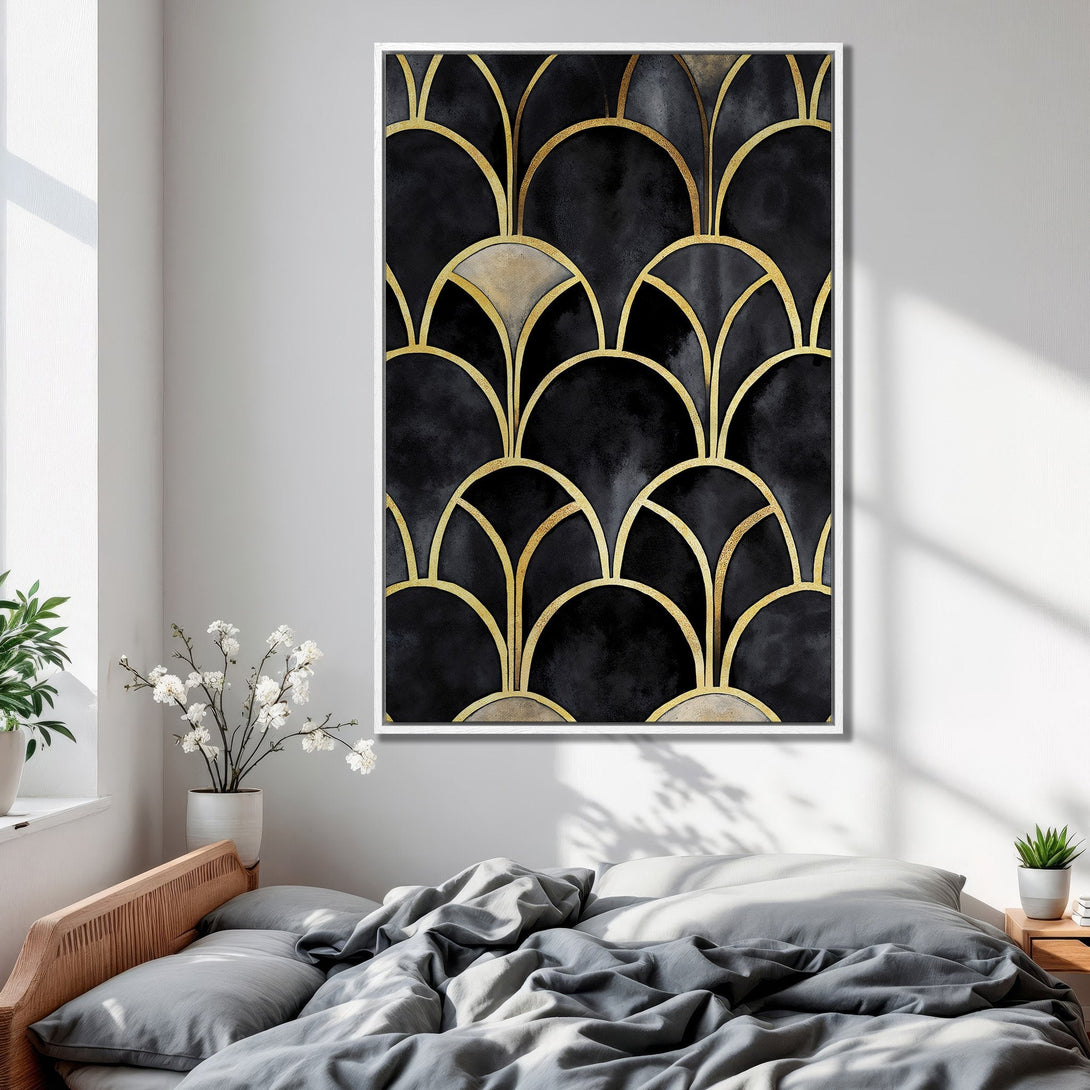 Framed Wall Art: Modern abstract design in black and gold. Elegant geometric pattern canvas print adds a touch of luxury to any bedroom decor.