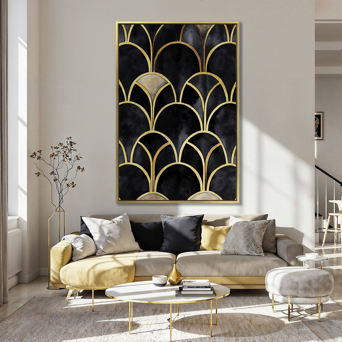 Canvas Print featuring a black and gold art deco design, displayed in a kitchen with a pink wall. Adds a touch of elegance!