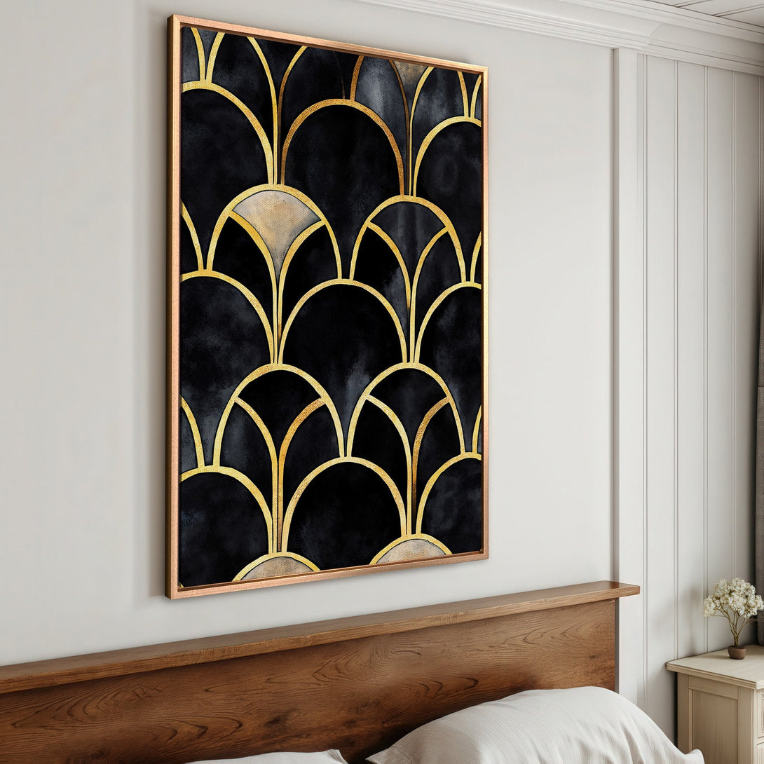 Framed Wall Art: Abstract geometric design in black and gold. Modern art canvas print for a stylish interior. Elevate your home decor!