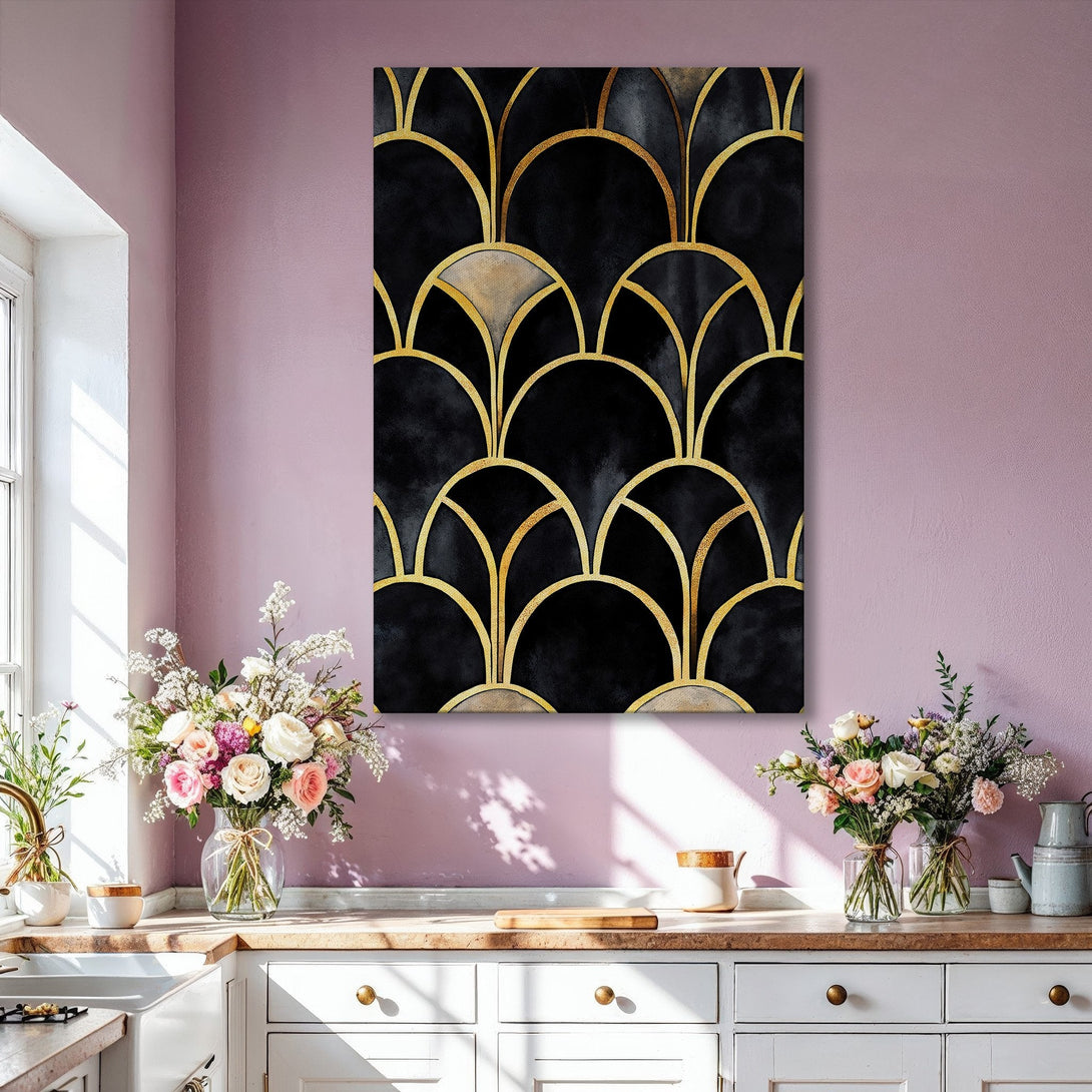 Framed Wall Art featuring a modern geometric design in black and gold. Adds a touch of luxury to any living room with its elegant color palette.