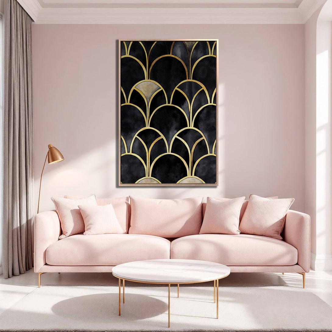 Framed Wall Art featuring a gold and black geometric design. Modern art print in a stylish interior with pink and gold accents.