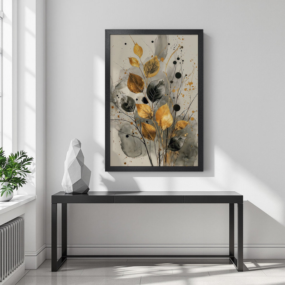 Framed Poster featuring abstract gold and black leaves on a neutral background. Modern art print with a sophisticated color palette.