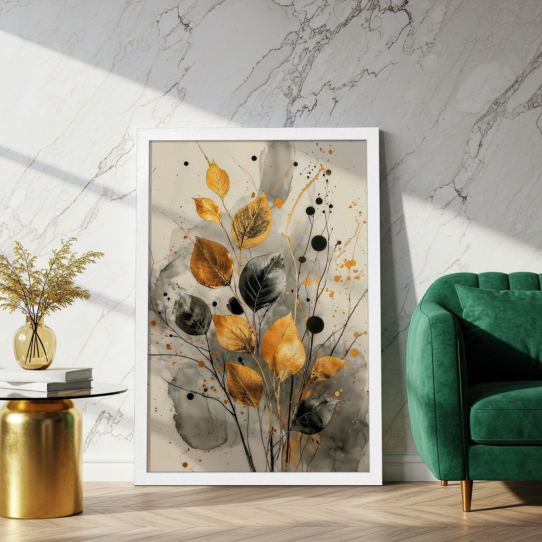 Framed Poster featuring abstract gold leaf art. Modern style with neutral and gold color palette. Perfect wall decor!