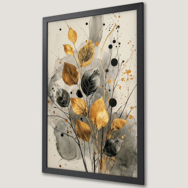 Framed Poster featuring gold and black leaves on a neutral background, abstract art style, perfect for modern home decor.