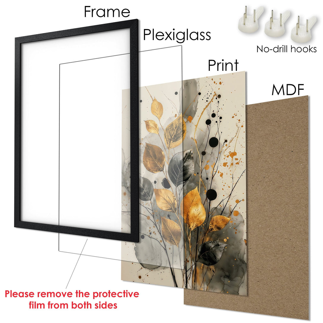 Framed Poster featuring abstract gold leaf art. Modern style with neutral & gold color palette. Perfect wall art!