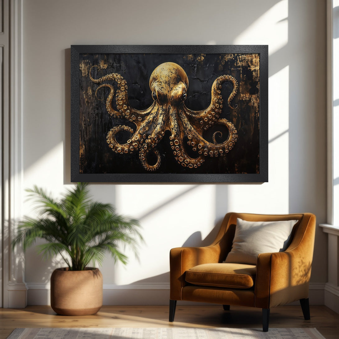 Framed Poster featuring a golden octopus on a black background. Artistic, textured style with a warm, earthy color palette. Perfect wall art!