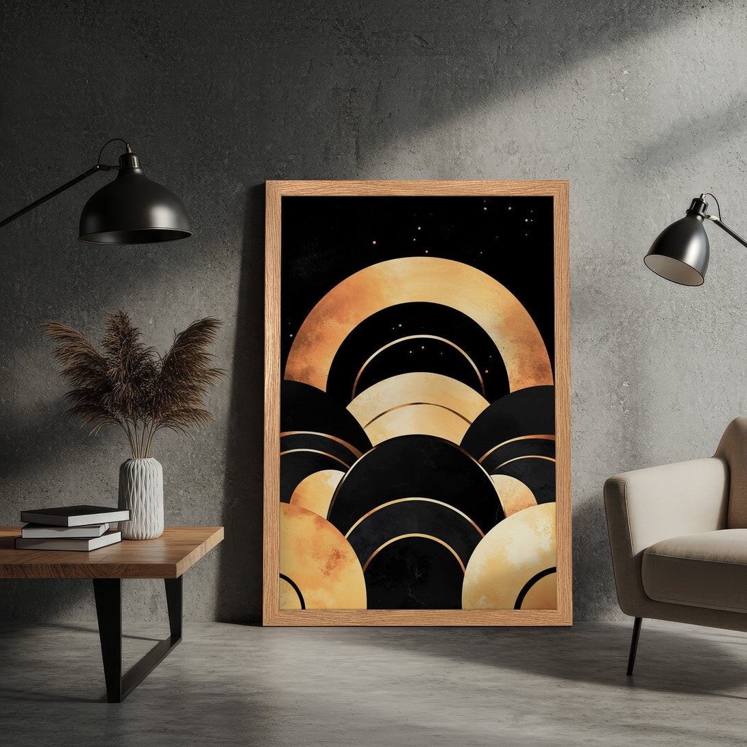 Framed Poster featuring an abstract art deco design in black and gold, perfect for modern home decor.