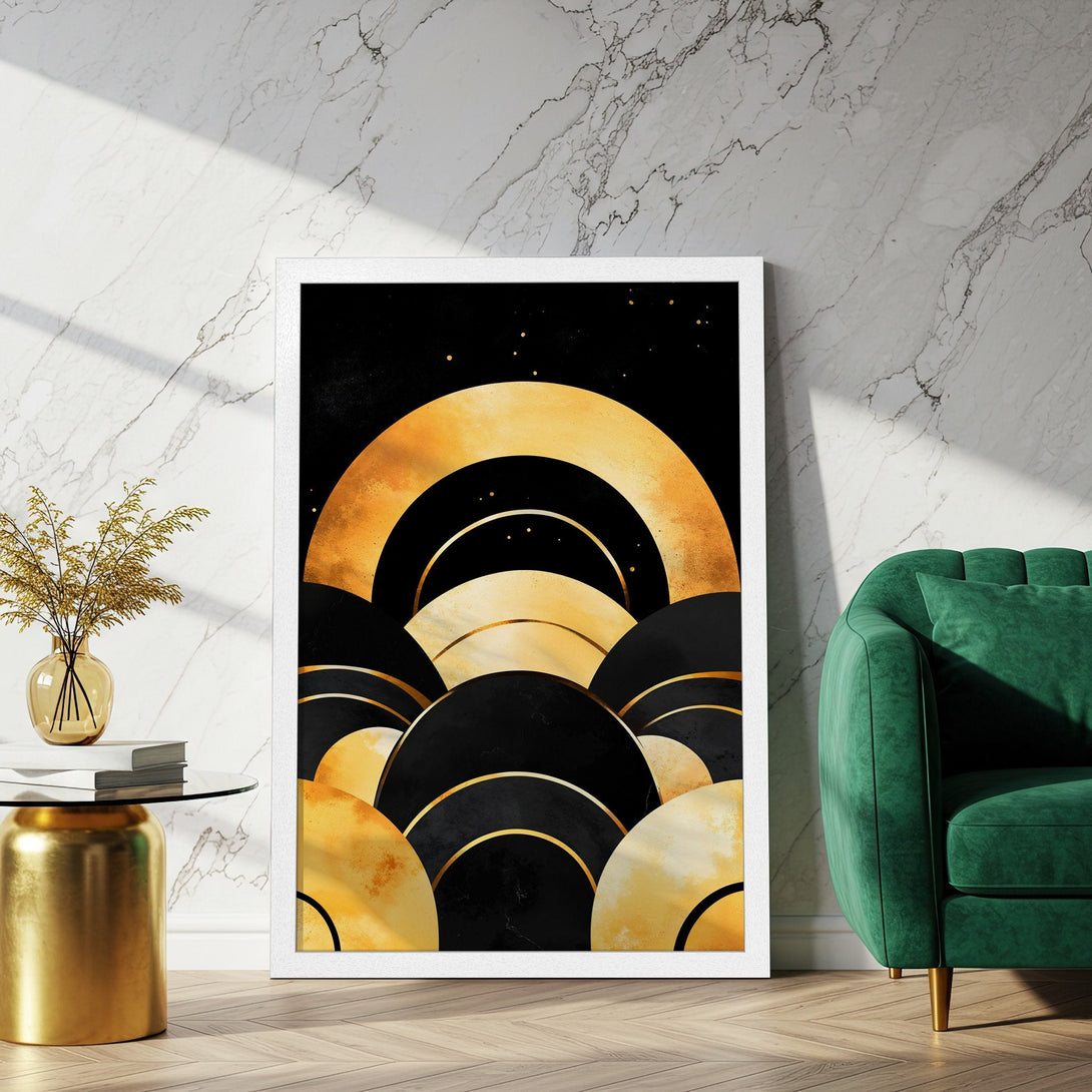 Framed Poster featuring abstract gold and black art. Modern design with a luxurious feel. Perfect for home decor.