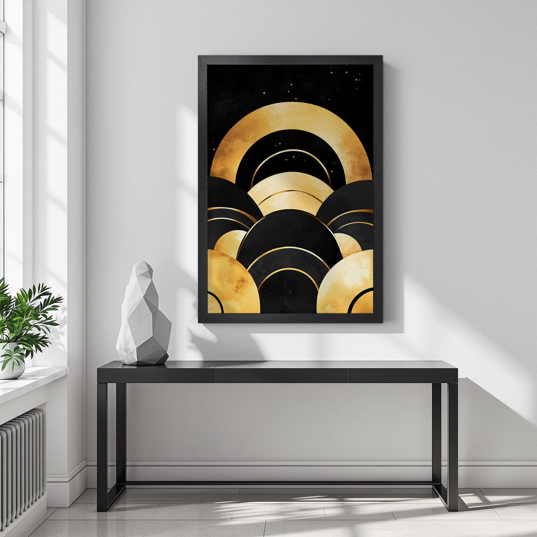 Framed Poster featuring an abstract art deco design in gold and black. Perfect wall art for modern home decor.