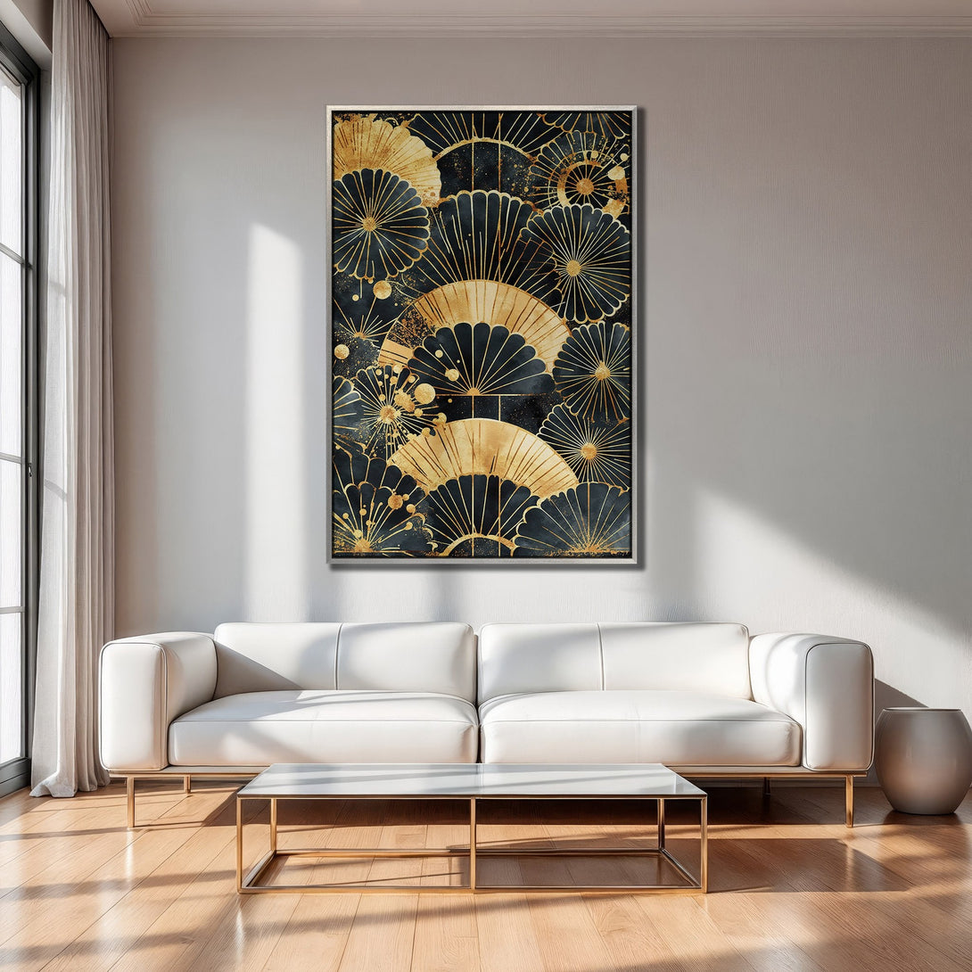 Framed Wall Art featuring an abstract fan design in gold and navy, adding a touch of elegance to any modern interior.