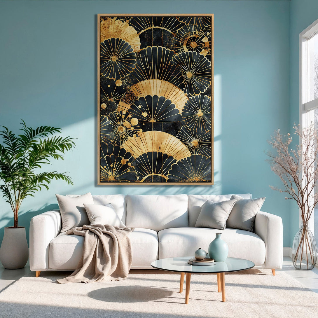 Framed Wall Art: Abstract fan design in gold and black, displayed in a modern living room with a teal wall. Elevate your space with this stunning canvas print!