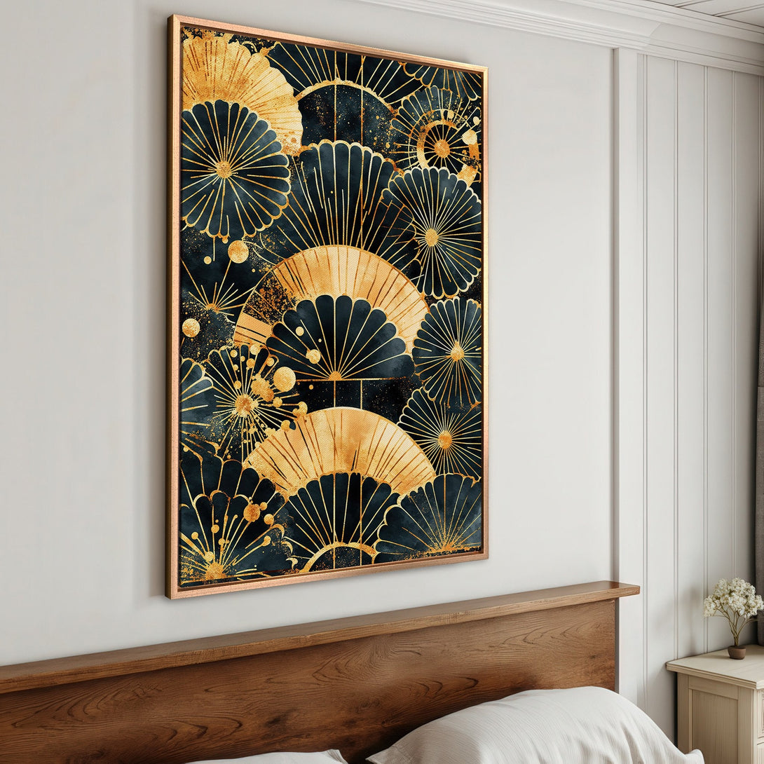 Framed Wall Art featuring an abstract fan design in gold and navy, perfect for adding a touch of elegance to any interior.
