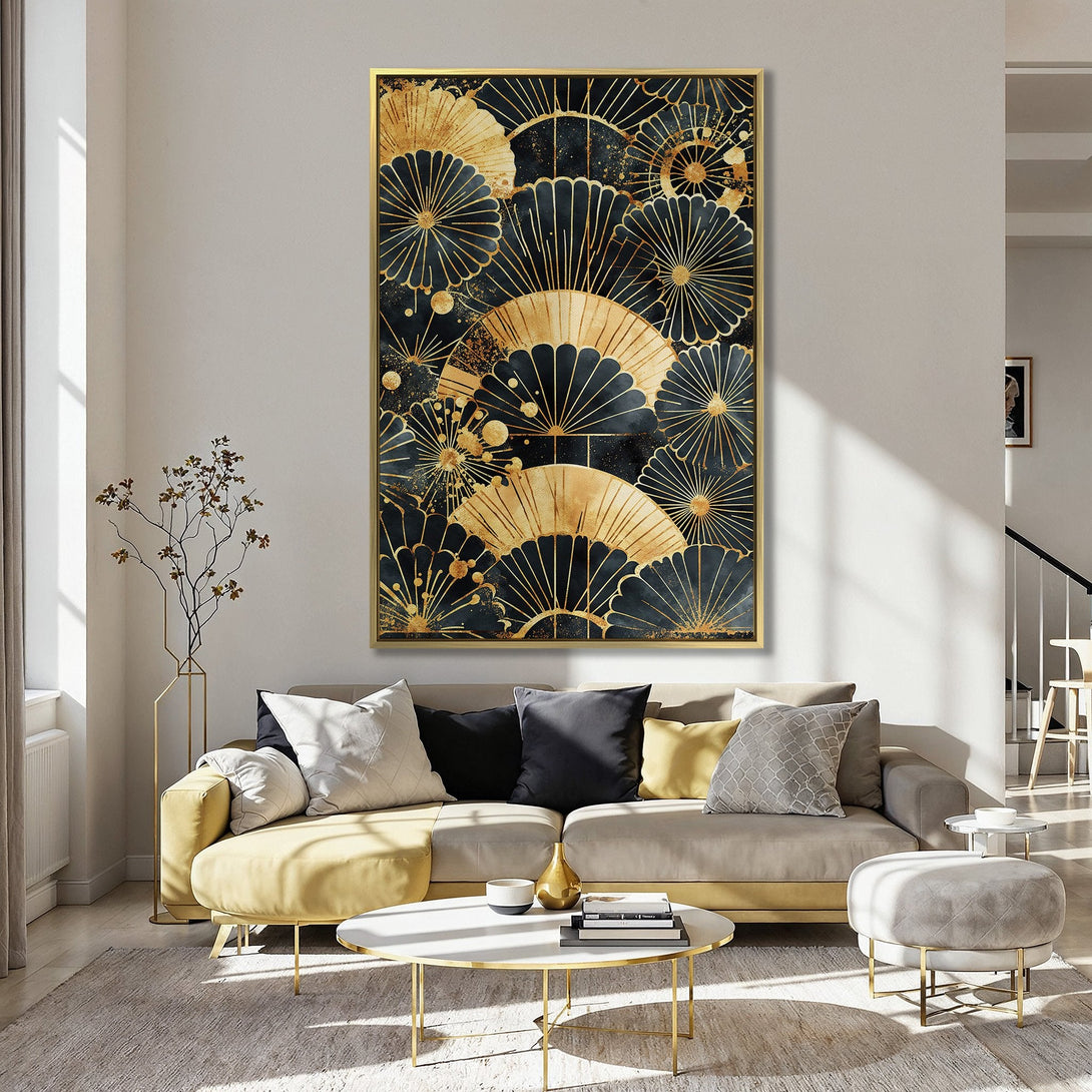 Canvas Print featuring an abstract fan design in black and gold, displayed in a kitchen with a pink wall. Modern wall art for home decor.