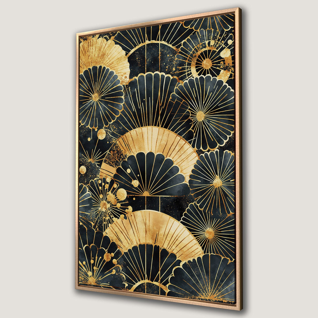 Framed Wall Art featuring a gold and black fan pattern. Modern, abstract design with a luxurious, elegant feel. Perfect for adding sophistication to any space.