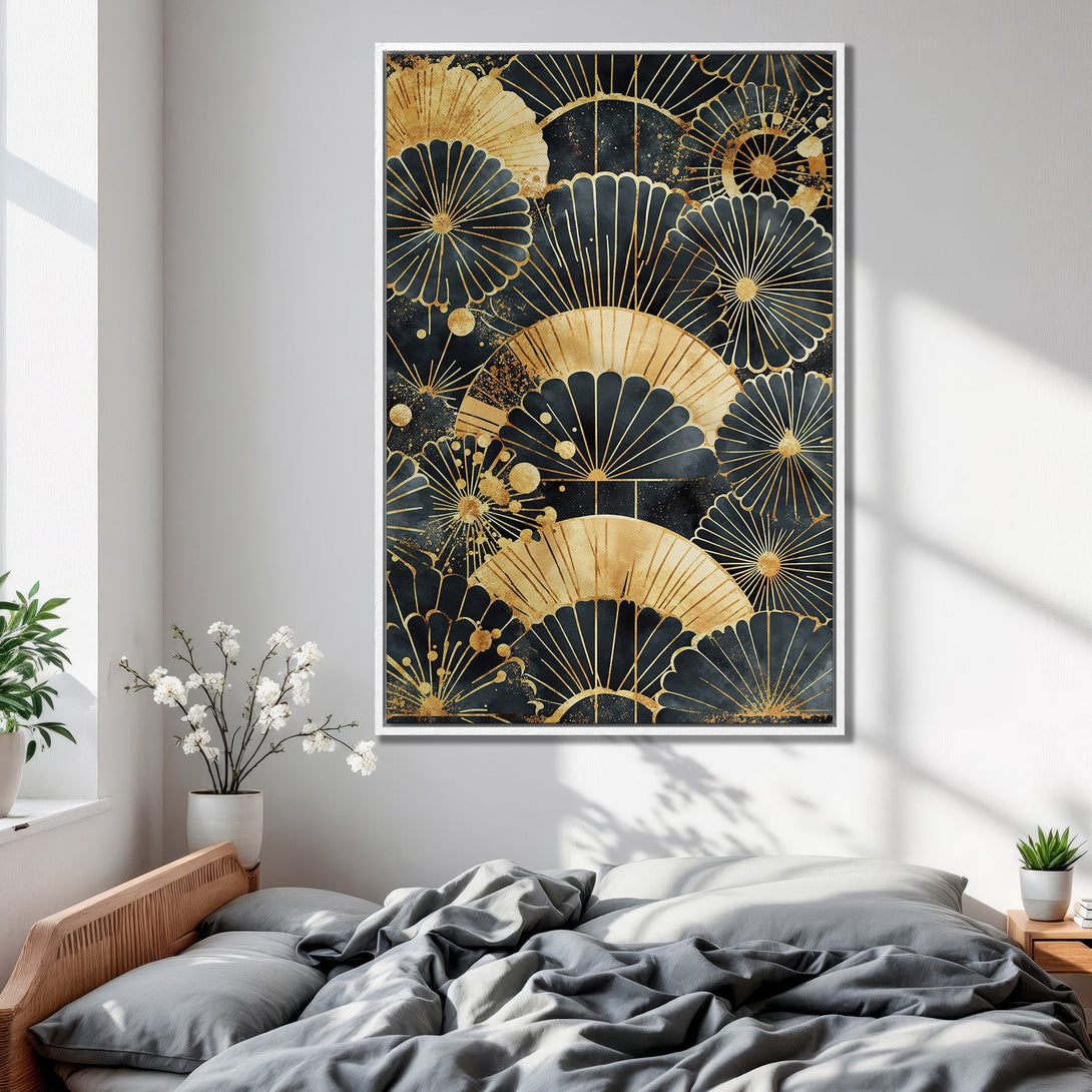 Framed Wall Art featuring a gold and navy fan design, perfect for adding a touch of modern elegance to your bedroom decor.