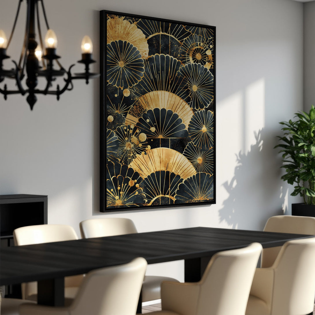 Framed Wall Art: Abstract fan design in black and gold, adding a touch of elegance to any space. Perfect for modern decor.
