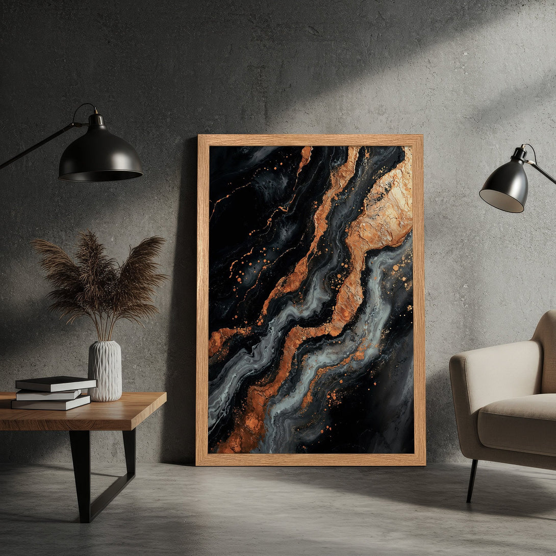 Framed Poster: Abstract art print with black, gold, and gray color palette. Modern decor for your home.