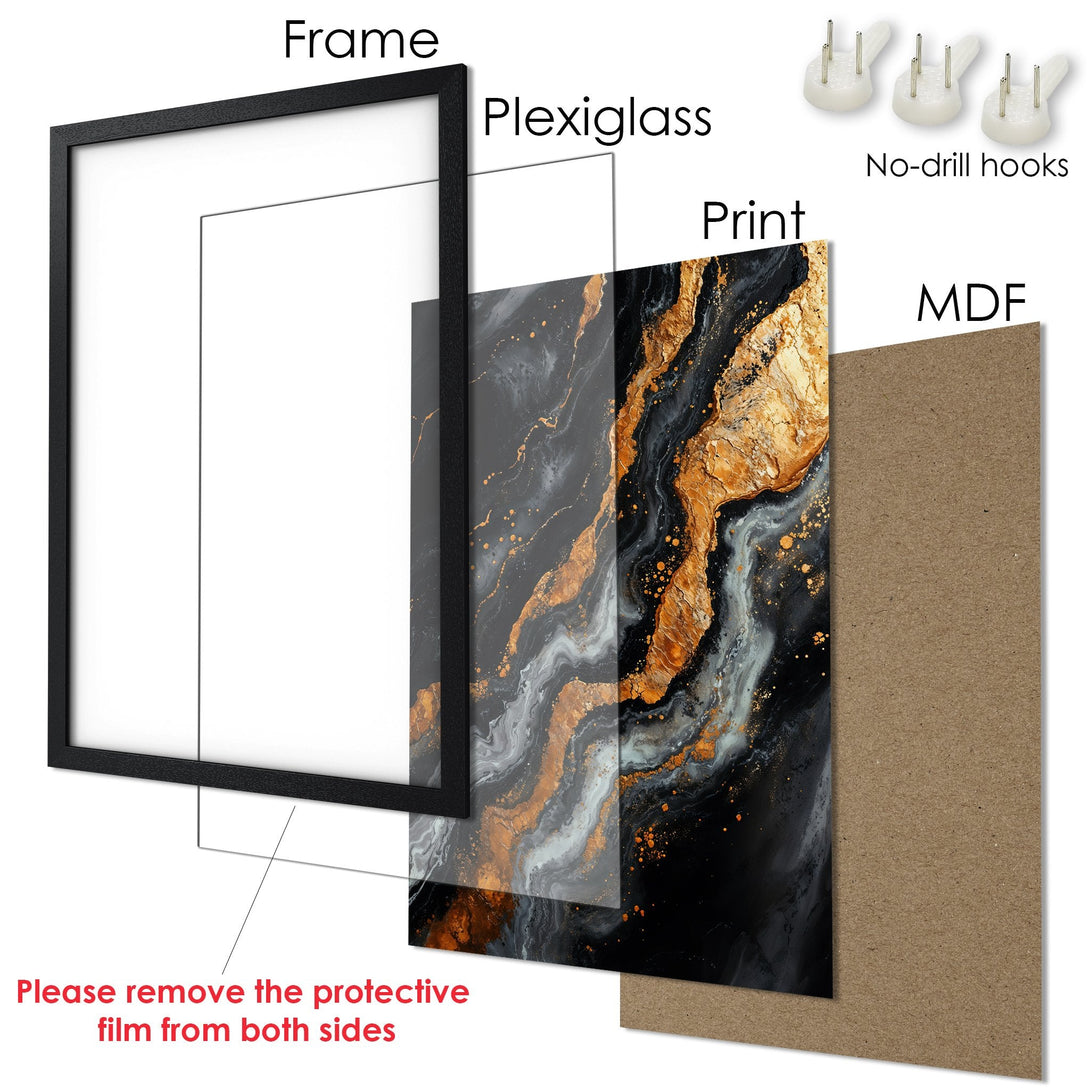 Framed Poster featuring abstract art in black, gold, and grey. Elevate your space with this modern, stylish Poster!