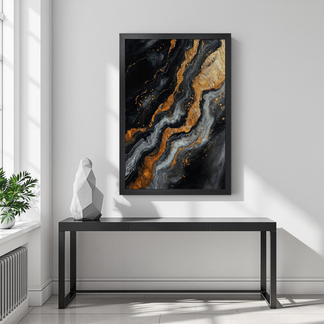 Framed Poster featuring abstract gold, grey, and black art. Enhance your space with this stylish, modern Poster. Perfect for any room!