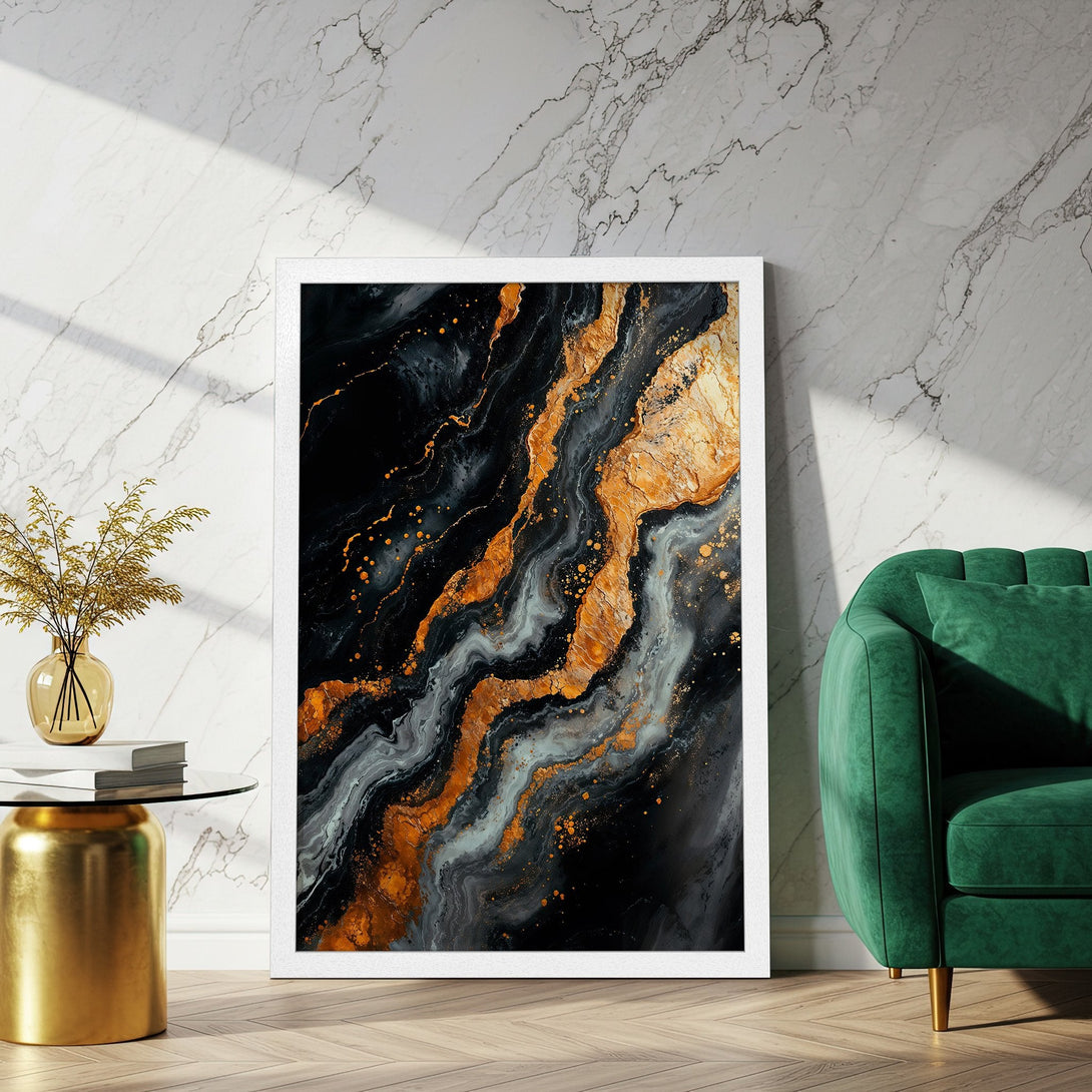 Framed Poster featuring abstract black, gold, and gray art. Modern decor for your home. Shop the Poster collection today!