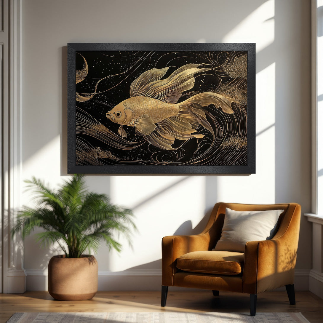 Framed Poster featuring a golden koi fish in a black and gold art deco style, perfect wall decor.