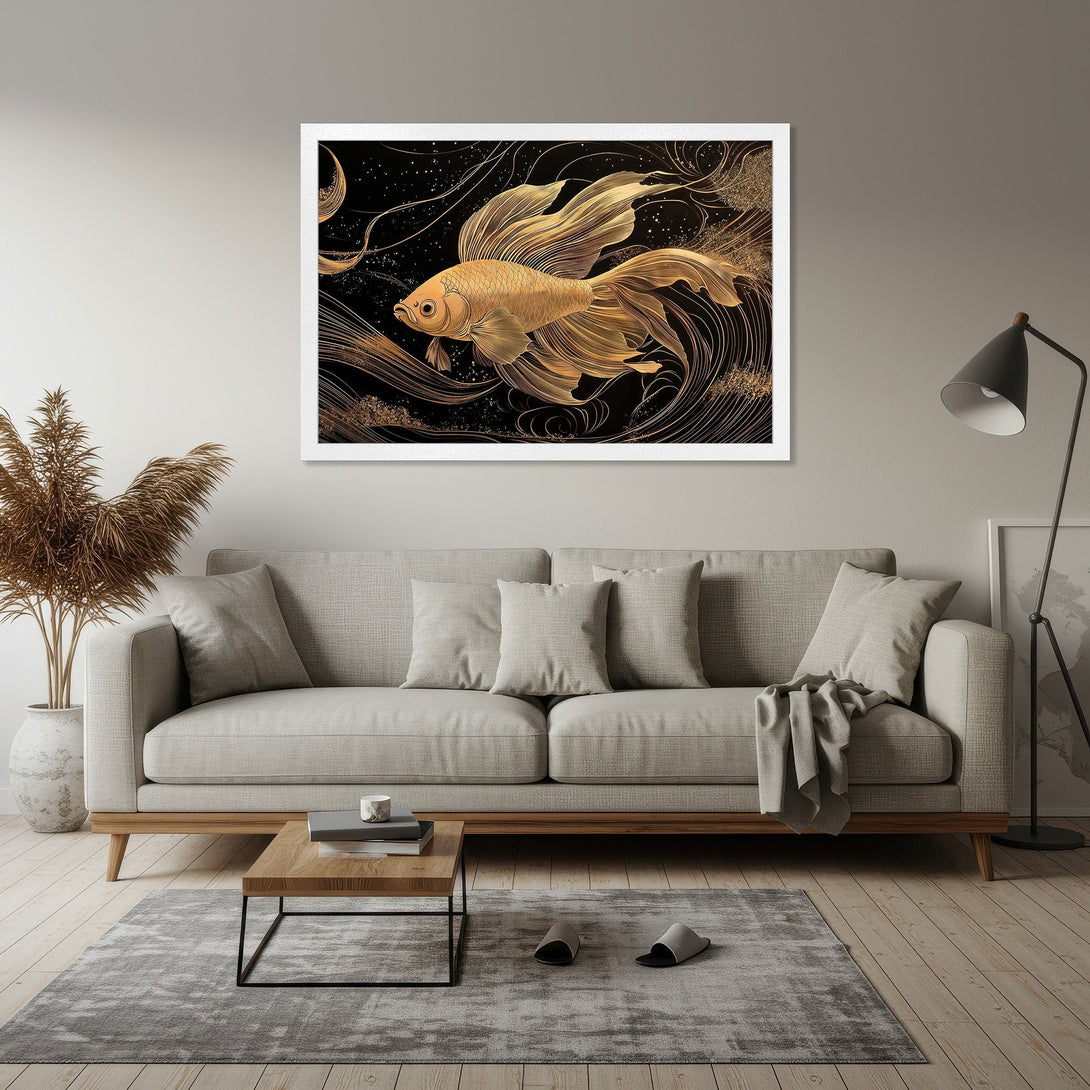 Framed Poster featuring a golden fish artwork in an elegant, abstract style with a black and gold color palette. Perfect wall decor!