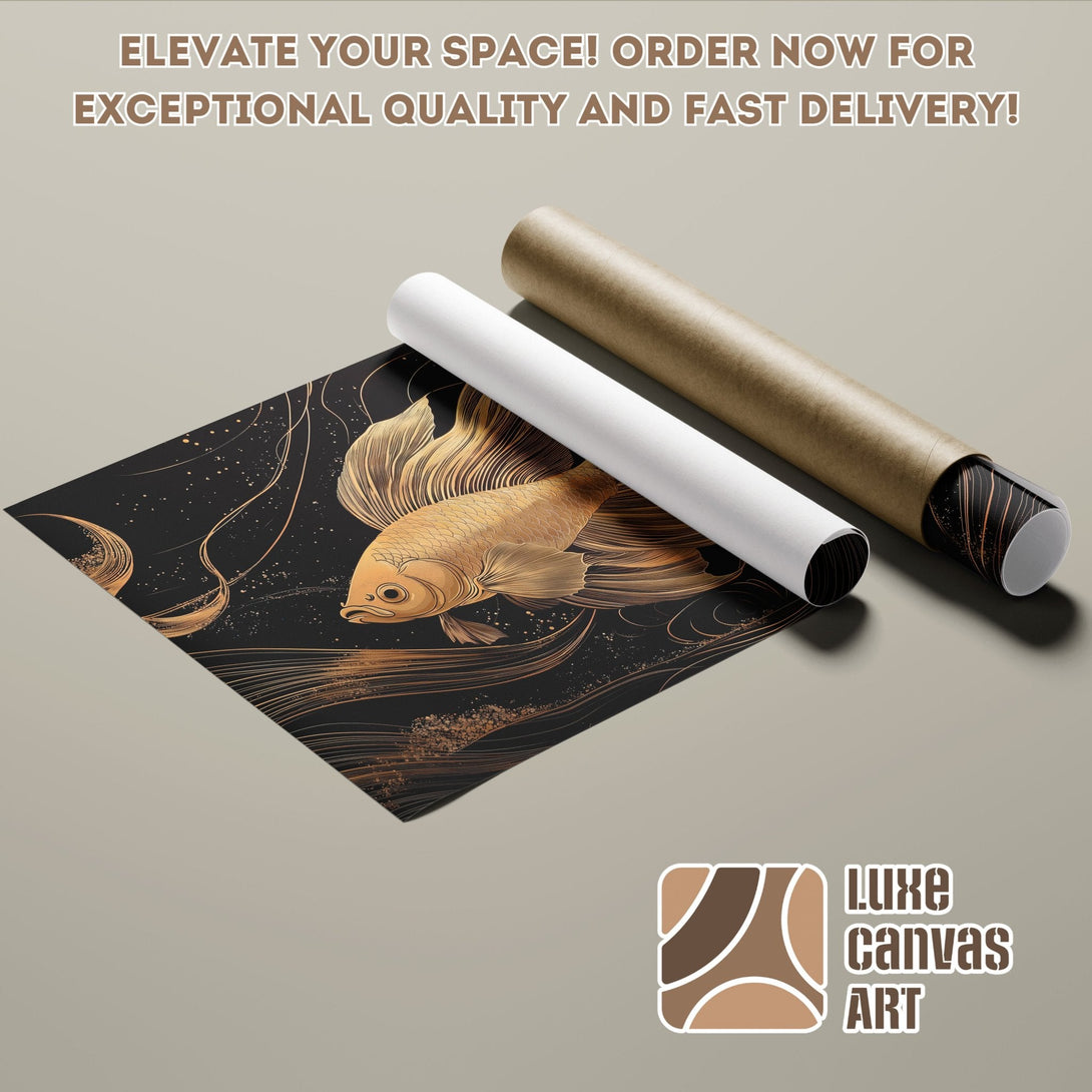 Goldfish Poster Roll in black and gold. Modern art style, perfect for home decor. Order now!