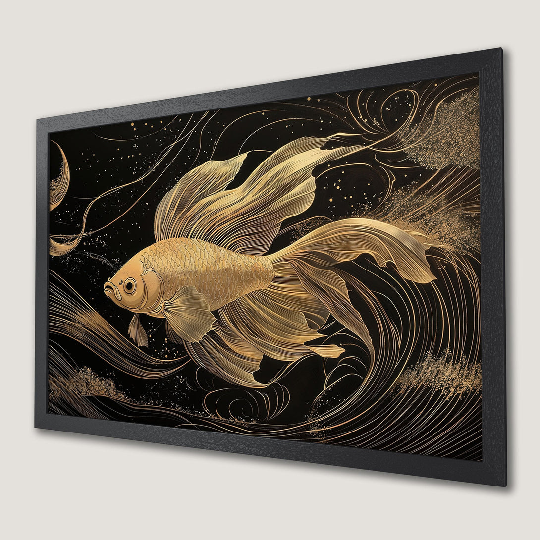 Framed Poster featuring a golden fish in an elegant, art nouveau style against a black background. Stunning gold and black color palette.