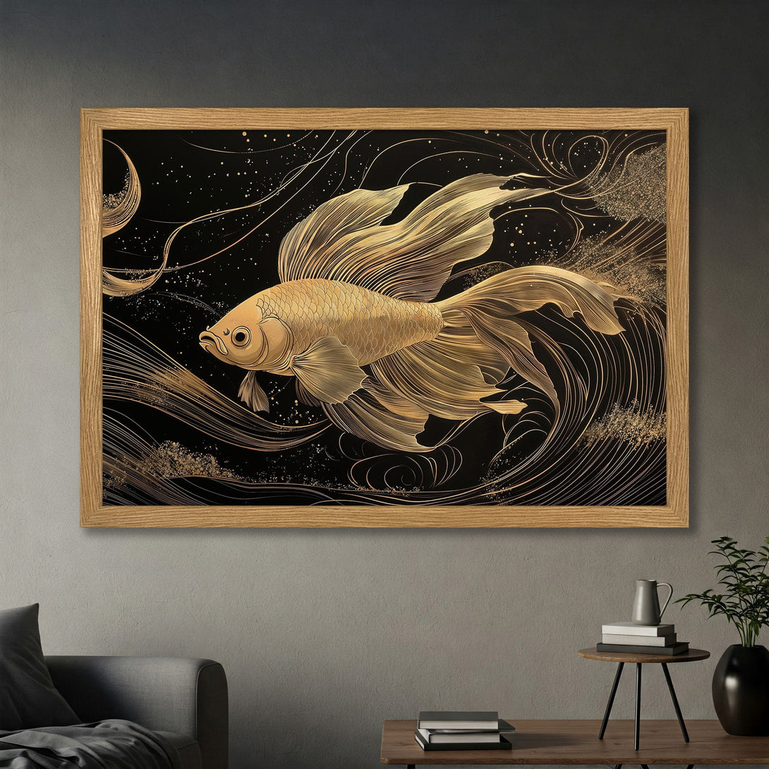 Framed Poster featuring a golden fish illustration on a black background, elegant style, gold and black color palette.