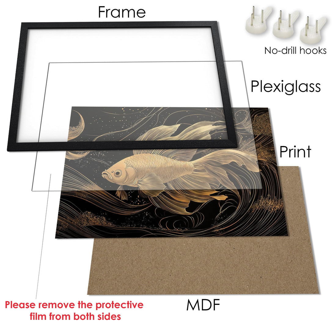 Framed Poster with gold fish art. Elegant, modern style with black & gold color palette. Perfect wall decor.