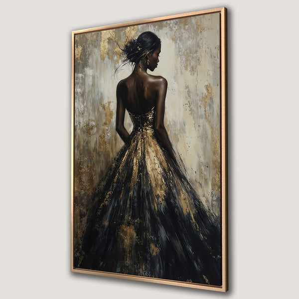 Framed Wall Art: Elegant woman in a black and gold gown. Abstract painting style with a neutral and metallic color palette. Perfect for modern decor.