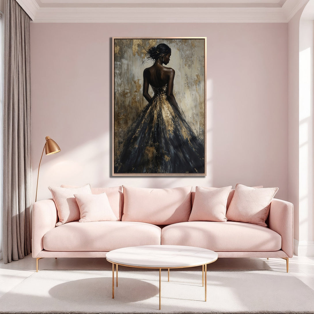 Framed Wall Art featuring a woman in a gold and black gown. Elegant, abstract style with a neutral and gold color palette, perfect for modern home decor.