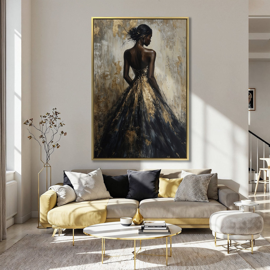 Canvas Print of elegant woman in gold and black gown, displayed in a stylish interior. Features a neutral and gold color palette.
