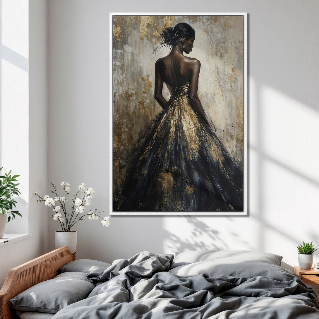 Framed Wall Art: Elegant woman in a black and gold dress. Abstract style, neutral color palette. Perfect bedroom decor.