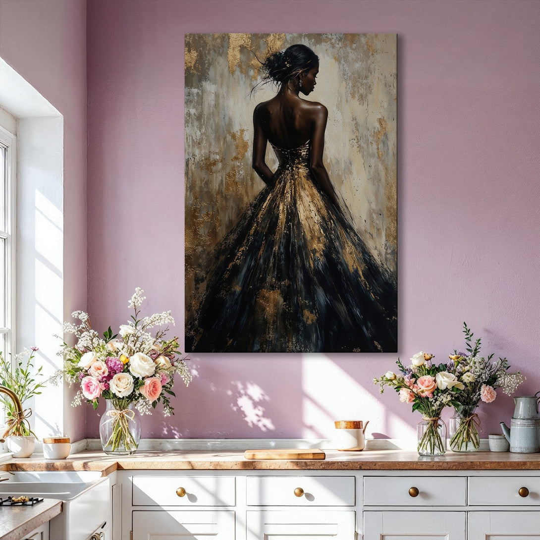 Framed Wall Art: Elegant woman in a black and gold gown. Abstract art style with a neutral and gold color palette. Perfect for modern home decor.