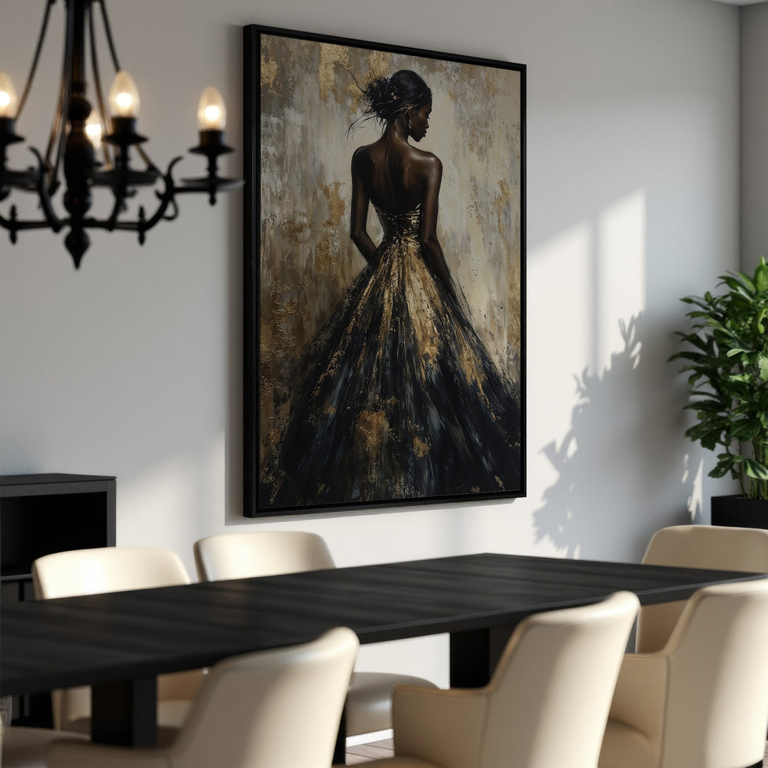 Framed Wall Art: Elegant woman in a black and gold dress, abstract style, displayed in a modern dining room. Enhance your space with this stunning art piece.
