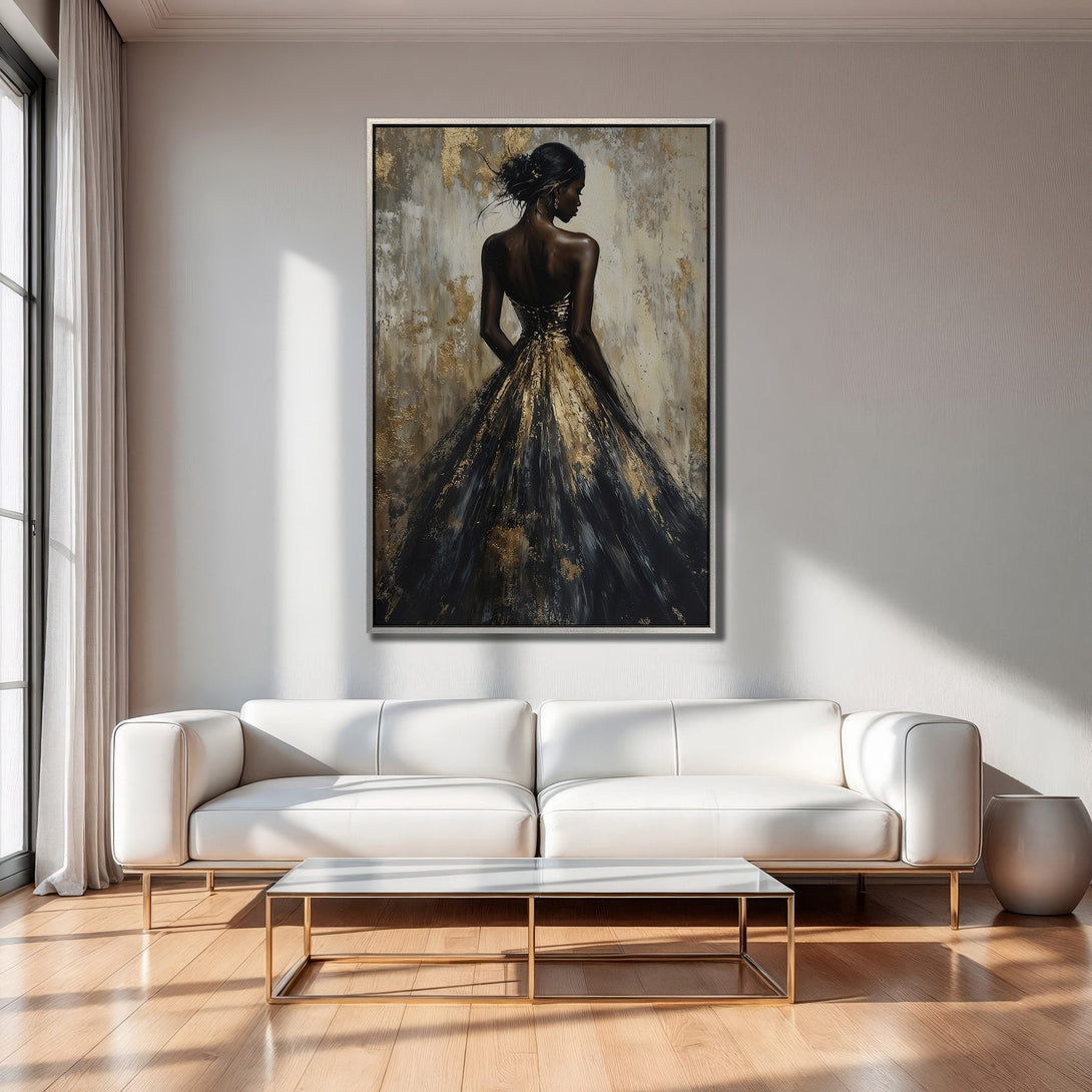 Framed Wall Art: Elegant woman in a gold and black gown. Abstract art style with a neutral and gold color palette. Perfect for modern home decor.