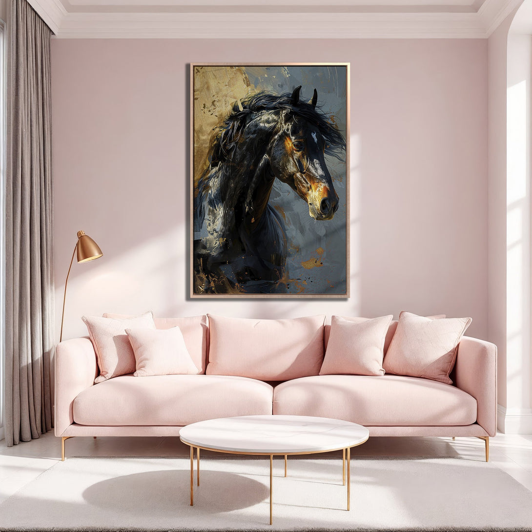 Framed Wall Art of a majestic black horse in an abstract style, set in a modern interior with a soft pink and gold color palette.