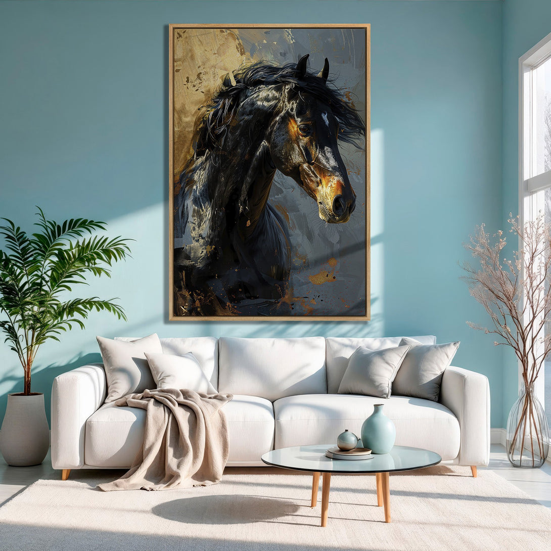 Framed Wall Art: Majestic black horse portrait in a modern, abstract style. Earthy gold and black tones create a striking focal point for any room.