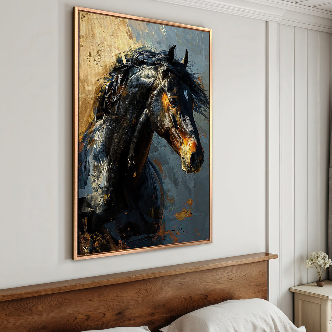 Framed Wall Art: Majestic black horse portrait in a modern, abstract style. Rich gold, blue, and black color palette. Elevate your space with stunning equine art!