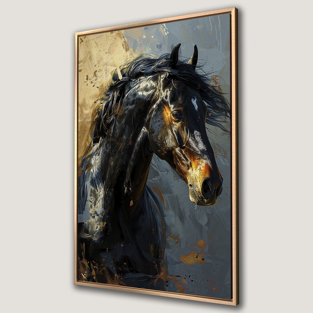 Framed Wall Art: Majestic black horse portrait in a stunning abstract style. Featuring a rich color palette of gold, black, and muted blues. Perfect for any home decor.