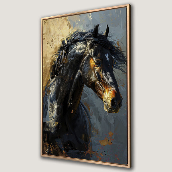 Framed Wall Art: Majestic black horse portrait in a stunning abstract style. Featuring a rich color palette of gold, black, and muted blues. Perfect for any home decor.